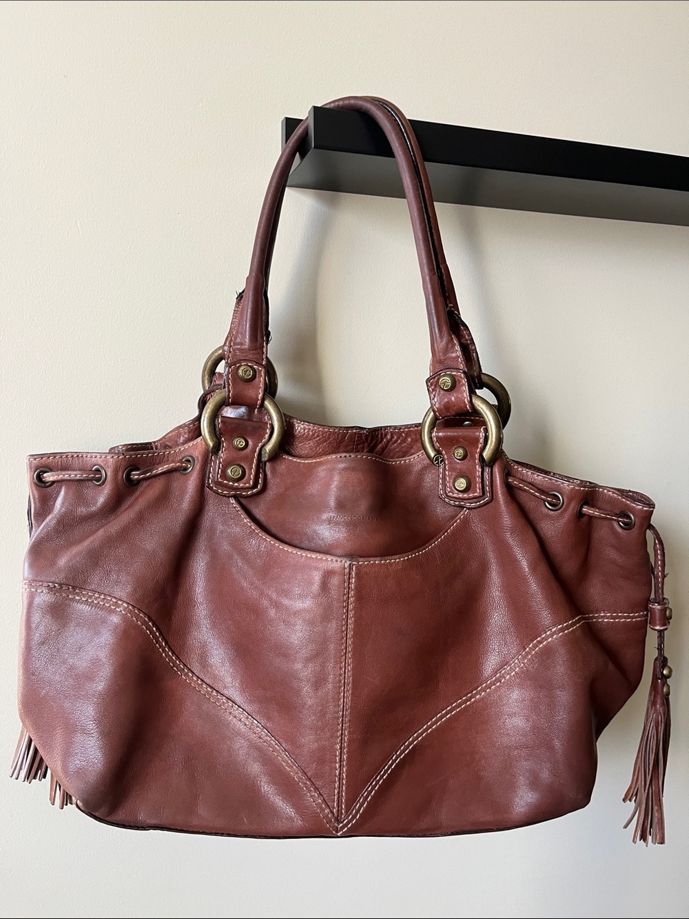 Francesco Biasia Vintage Brown Leather Satchel Tassel Shoulder Bag